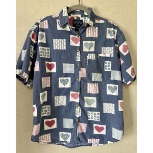 100% Cotton Vintage 90s Heart Patchwork Print Shirt Mens M Button Up Cottage